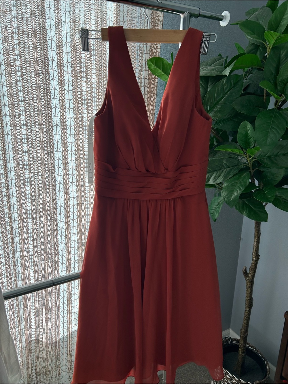 Azazie Deep Wine Rustic V-Neck Midi Bridesmaids Dress